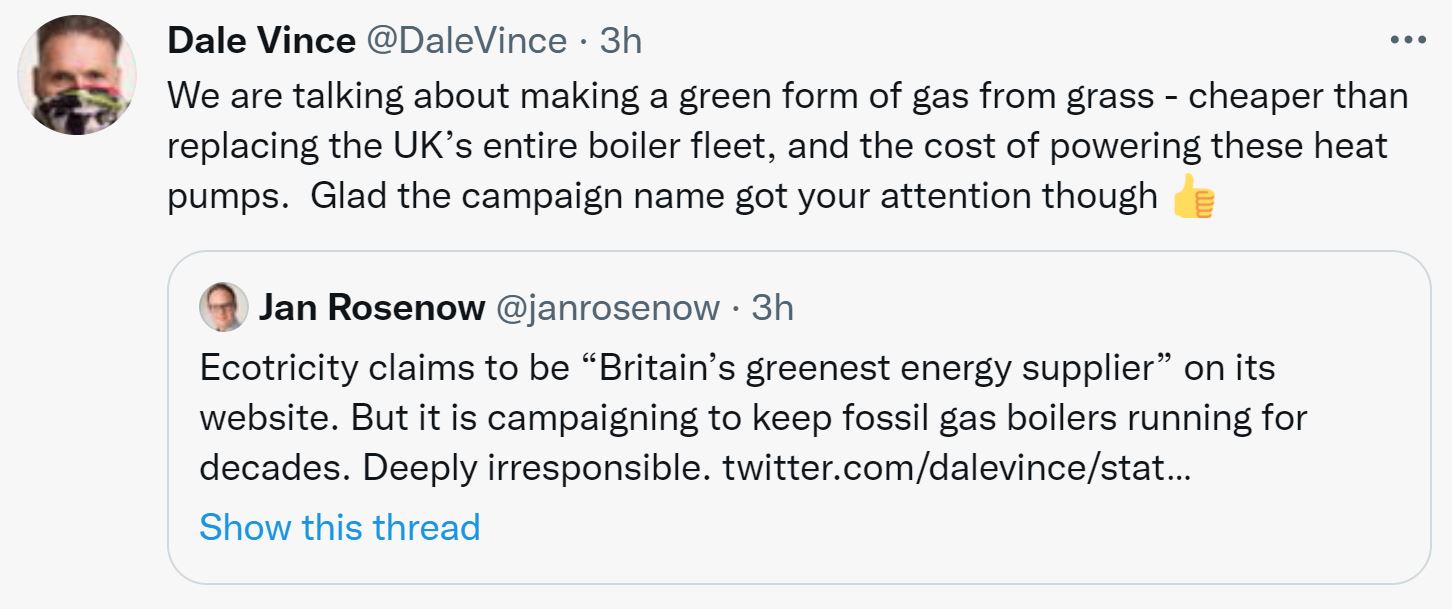Dale Vince tweets about green forms of gas